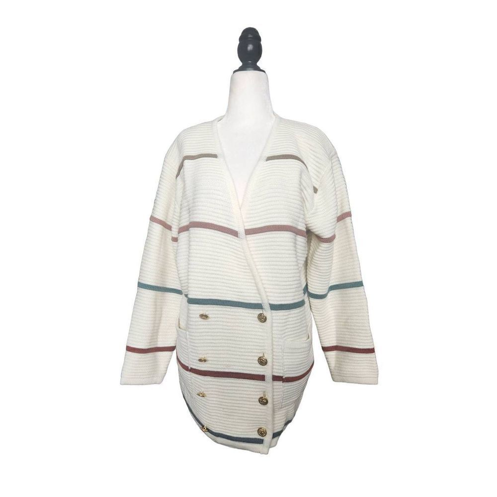 90s Vintage Oversized Thick Ribbed Striped Cardigan Sweater Minimalist Gold